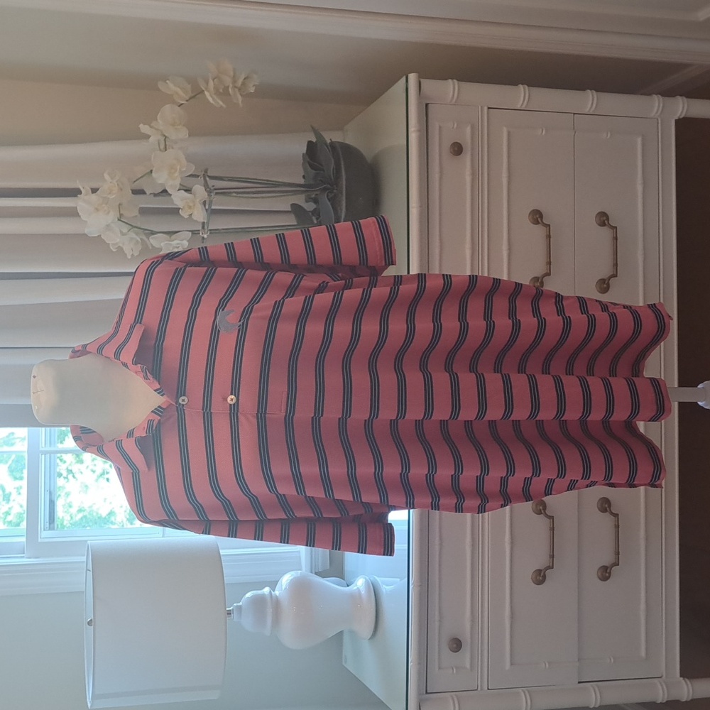 NWOT Turtleson Mens Performance Golf‎ Polo Pink/Navy Striped Shirt Size L